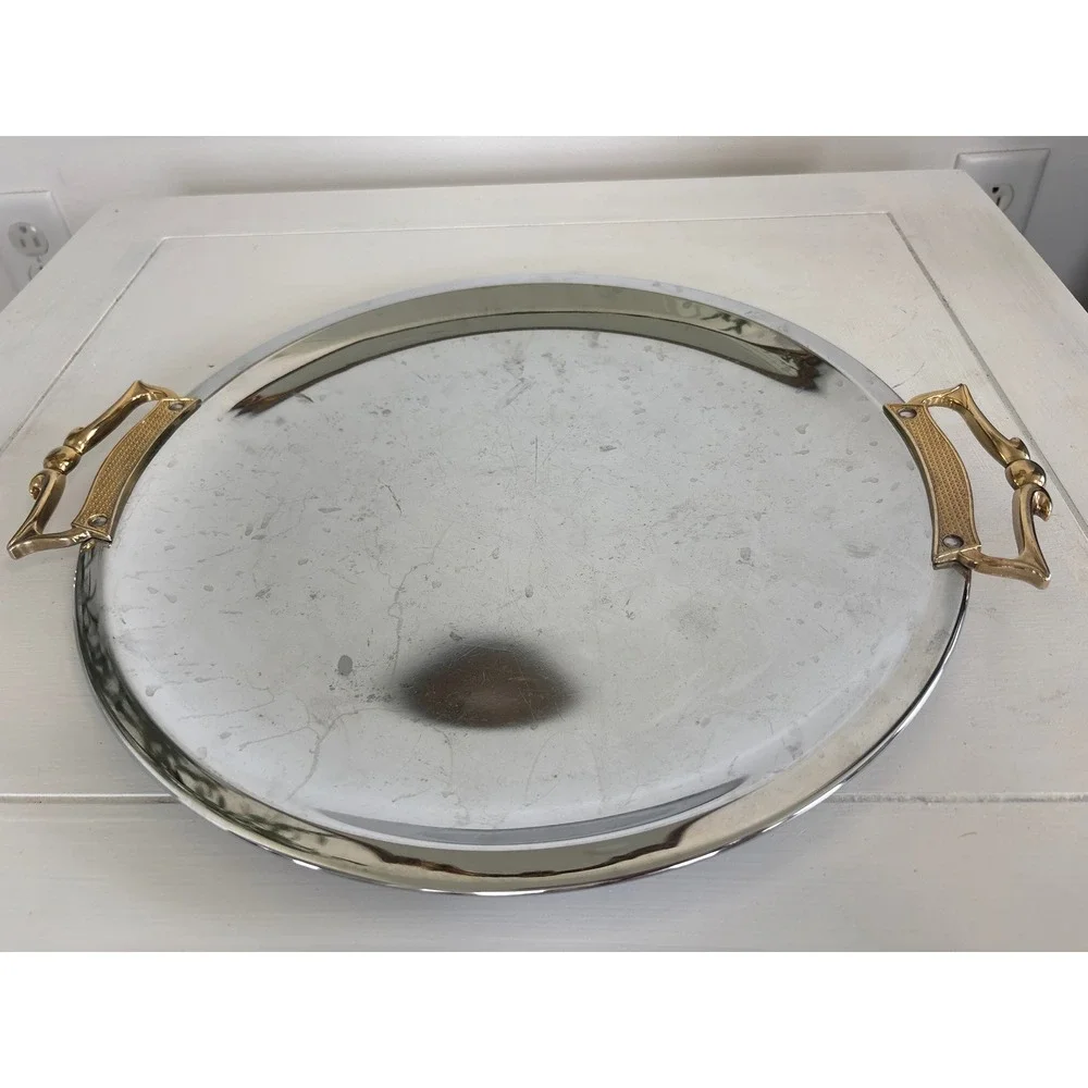 Vintage 60's Kromex Chrome Round Serving Tray Gold Handles MCM USA